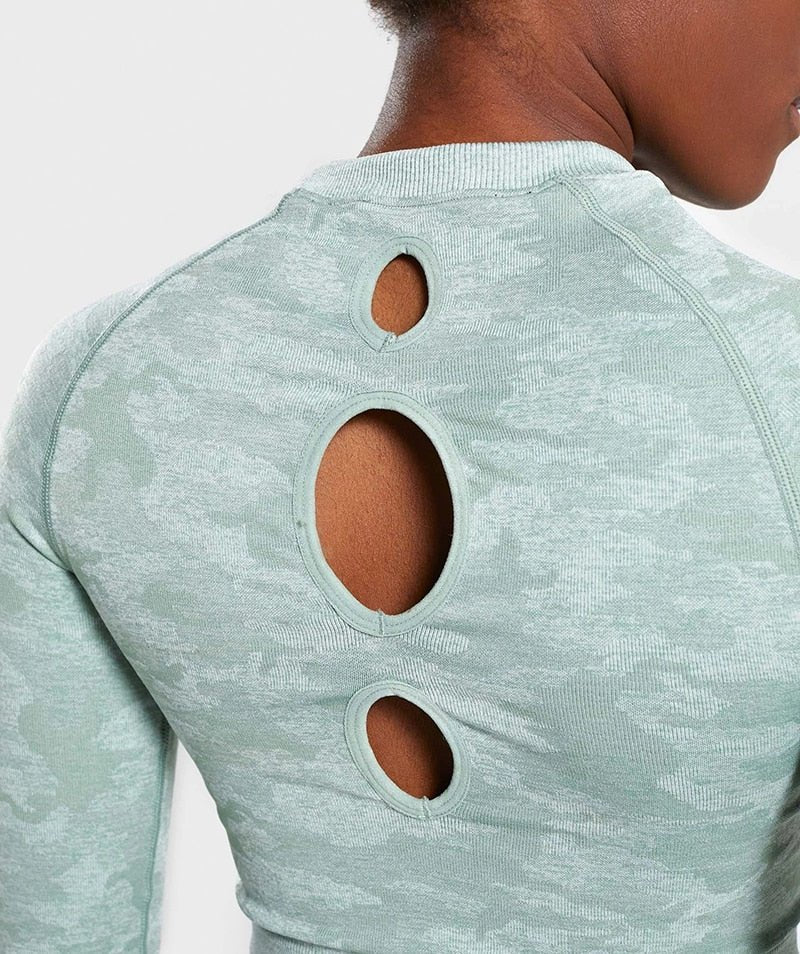 Camo Seamless O-Neck Shirts Women Gym Long Sleeves Running Sport Shirts Women Fitness Top Workout Tops