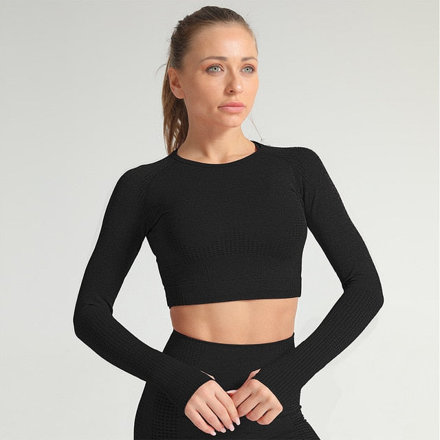 Yoga Crop Tops Women Long Sleeve Running Shirts Sport T-shirts Workout Tanks Fitness Sportswear Gym Clothing Seamless Cropped