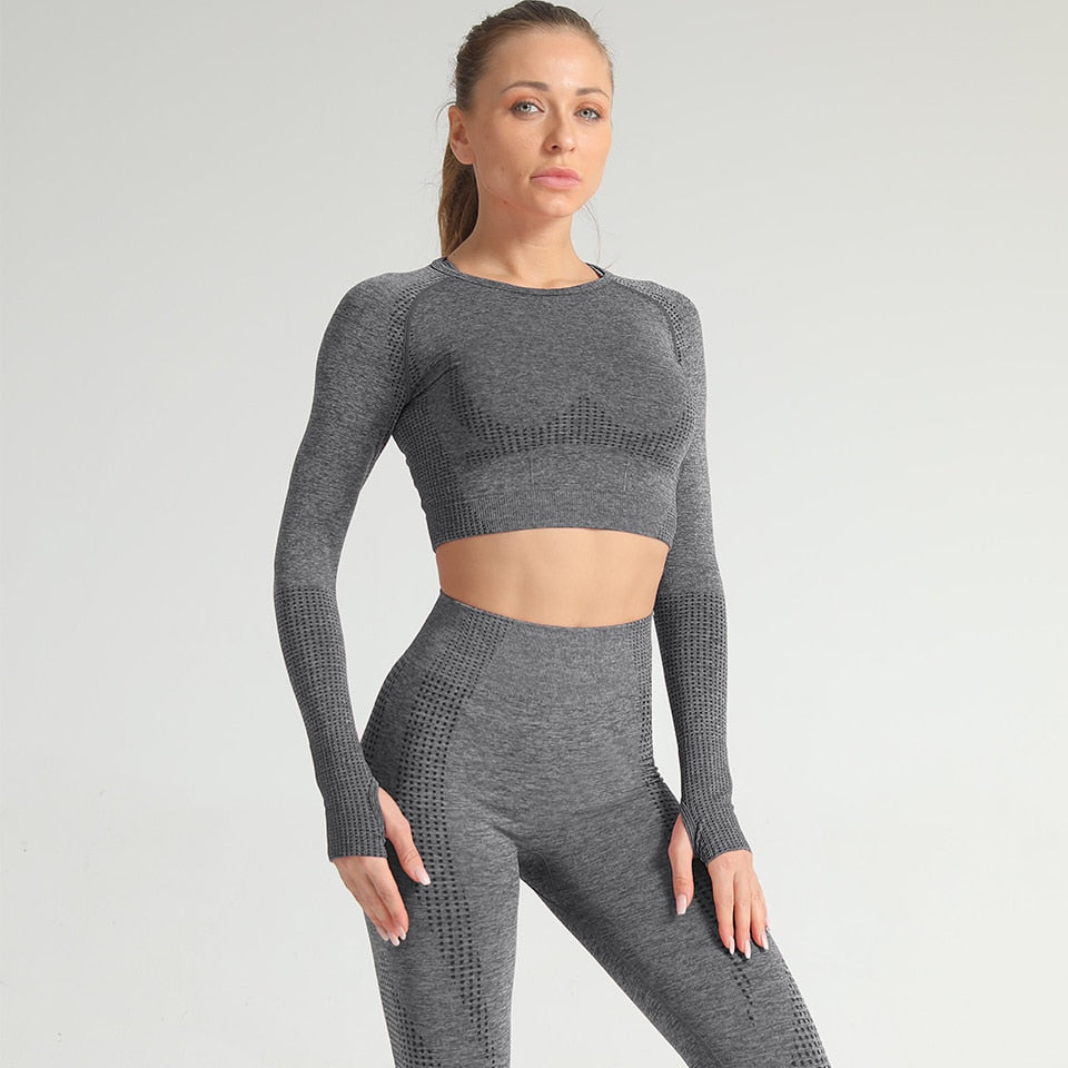 Yoga Crop Tops Women Long Sleeve Running Shirts Sport T-shirts Workout Tanks Fitness Sportswear Gym Clothing Seamless Cropped